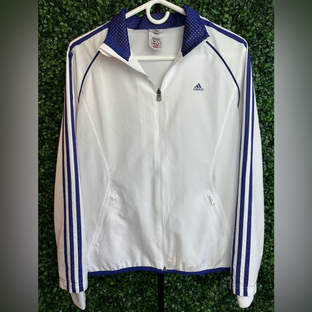 Adidas Women’s Medium White/Blue 3-Stripe Windbreaker Track Jacket